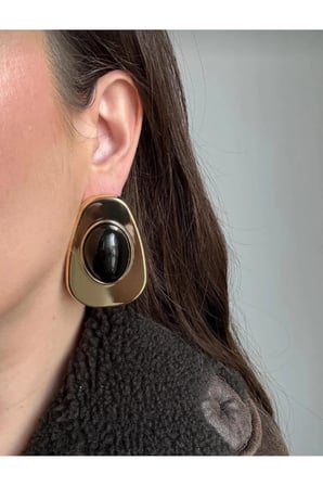 Vintage Amorf Geometrik Küpe - VIP 14K Gold Kaplama Çerçeveli Siyah Taşlı Maksimalist Küpe