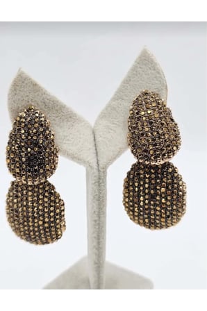 14K Altın Kaplama Mikro Zirkon Taşlı İkili Damla Küpe - Vintage Gold Dokulu Lüks Abiye Küpe