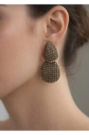 14K Altın Kaplama Mikro Zirkon Taşlı İkili Damla Küpe - Vintage Gold Dokulu Lüks Abiye Küpe