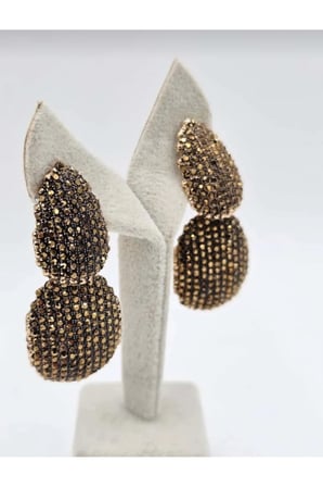 14K Altın Kaplama Mikro Zirkon Taşlı İkili Damla Küpe - Vintage Gold Dokulu Lüks Abiye Küpe