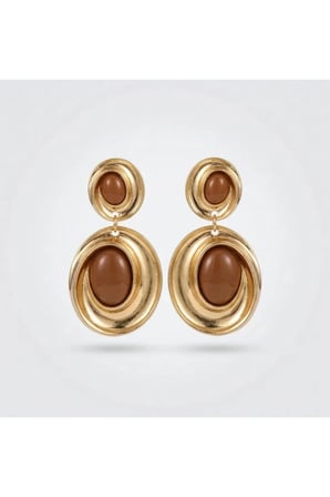 Sarmal Vintage Sallantılı Küpe - Kararmayan Gold Çerçeveli Kahverengi Reçine Taşlı Şık Küpe