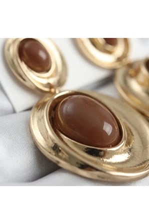 Sarmal Vintage Sallantılı Küpe - Kararmayan Gold Çerçeveli Kahverengi Reçine Taşlı Şık Küpe