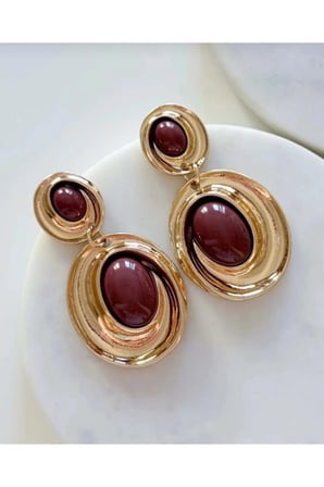 Sarmal Vintage Sallantılı Küpe - Kararmayan Gold Çerçeveli Kahverengi Reçine Taşlı Şık Küpe