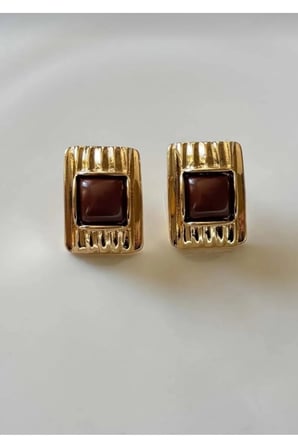 Kare Vintage Küpe - Kararmayan Gold Nervürlü Çerçeve Reçine Taşlı Antialerjik Şık Küpe