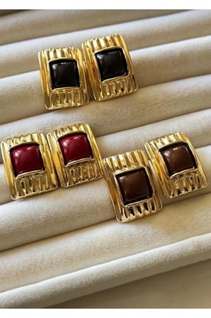 Kare Vintage Küpe - Kararmayan Gold Nervürlü Çerçeve Reçine Taşlı Antialerjik Şık Küpe