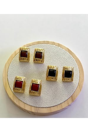 Kare Vintage Küpe - Kararmayan Gold Nervürlü Çerçeve Reçine Taşlı Antialerjik Şık Küpe