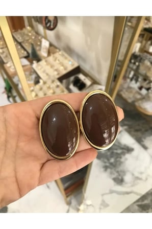 Büyük Oval Vintage Küpe - Kararmayan Antialerjik Gold Çerçeveli Kahverengi Reçine Taşlı Küpe