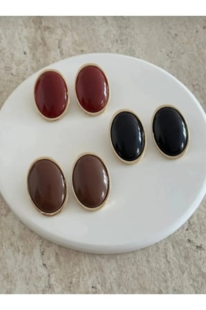 Büyük Oval Vintage Küpe - Kararmayan Antialerjik Gold Çerçeveli Kahverengi Reçine Taşlı Küpe