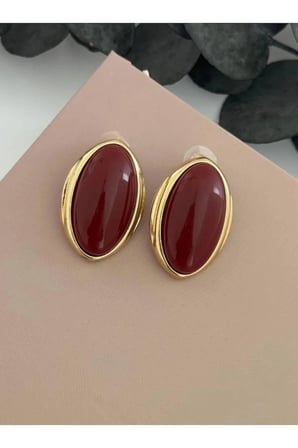 Büyük Oval Vintage Küpe - VIP Gold Çerçeveli Mürdüm Bordo Reçine Taşlı Antialerjik Küpe