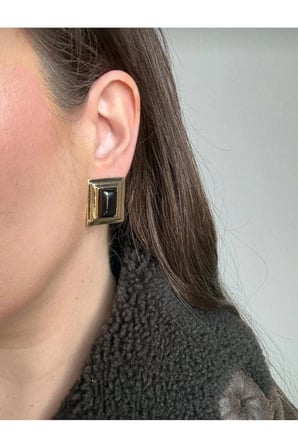 Dikdörtgen Vintage Küpe - VIP Kararmayan Gold Kademeli Çerçeve Reçine Taşlı Minimal Şık Küpe
