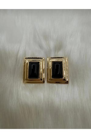 Dikdörtgen Vintage Küpe - VIP Kararmayan Gold Kademeli Çerçeve Reçine Taşlı Minimal Şık Küpe