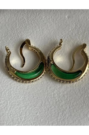 Yeşil Taşlı Zirkon Halka Küpe - 14K Gold Beyaz Zirkon Taşlı Klipsli Modern Şık Kadın Küpe