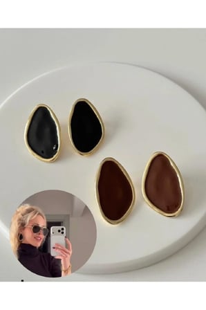 Organik Oval Mineli Küpe - 14K Gold Çerçeveli Siyah Mineli Minimal Modern Vintage Kadın Küpe