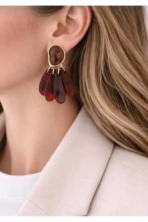 Kehribar Taba Yelpaze Sarkıt Bohem Küpe - 14K Gold Çerçeveli Damla Reçine Taşlı Vintage Statement Kadın Küpe