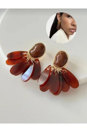 Kehribar Taba Yelpaze Sarkıt Bohem Küpe - 14K Gold Çerçeveli Damla Reçine Taşlı Vintage Statement Kadın Küpe