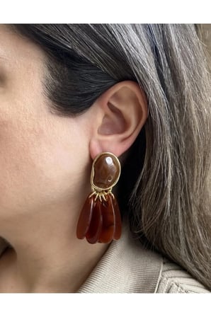 Kehribar Taba Yelpaze Sarkıt Bohem Küpe - 14K Gold Çerçeveli Damla Reçine Taşlı Vintage Statement Kadın Küpe