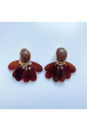 Kehribar Taba Yelpaze Sarkıt Bohem Küpe - 14K Gold Çerçeveli Damla Reçine Taşlı Vintage Statement Kadın Küpe