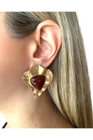 Dövme Organik Kalp Form Küpe - 14K Gold Üçgen Kızıl Kahve Taşlı Bohem Vintage Statement Küpe