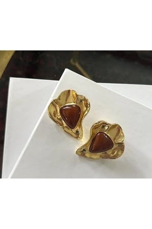 Dövme Organik Kalp Form Küpe - 14K Gold Üçgen Kızıl Kahve Taşlı Bohem Vintage Statement Küpe