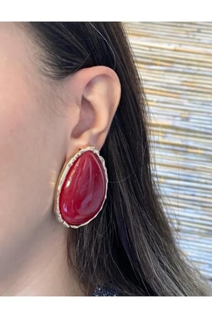 İri Damla Kırmızı Taşlı Vintage Statement Küpe - 14K Gold Çerçeveli Cam Taşlı Retro Kadın Küpe