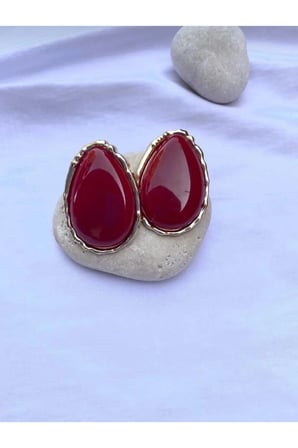 İri Damla Kırmızı Taşlı Vintage Statement Küpe - 14K Gold Çerçeveli Cam Taşlı Retro Kadın Küpe