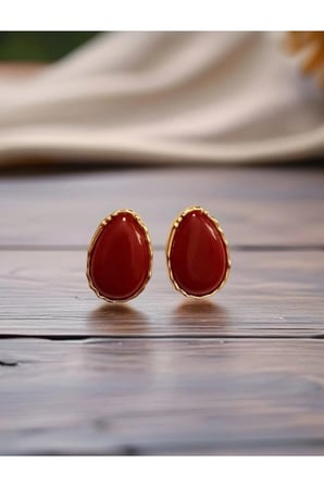 İri Damla Kırmızı Taşlı Vintage Statement Küpe - 14K Gold Çerçeveli Cam Taşlı Retro Kadın Küpe