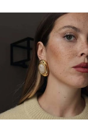 Oval Vintage Statement Küpe - 14K Gold Çerçeveli Krem Benekli Doğal Taş Görünümlü Retro Kadın Küpe