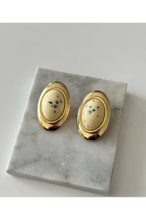 Oval Vintage Statement Küpe - 14K Gold Çerçeveli Krem Benekli Doğal Taş Görünümlü Retro Kadın Küpe