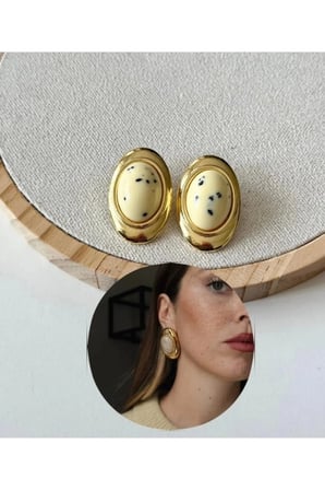 Oval Vintage Statement Küpe - 14K Gold Çerçeveli Krem Benekli Doğal Taş Görünümlü Retro Kadın Küpe