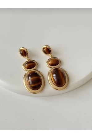 Üç Taşlı Kaplan Gözü Sarkıt Küpe - 14K Gold Çerçeveli Kahverengi Oval Taşlı Vintage Kadın Küpe