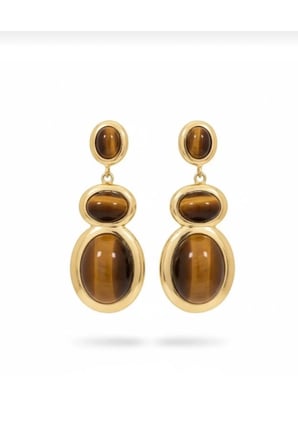 Üç Taşlı Kaplan Gözü Sarkıt Küpe - 14K Gold Çerçeveli Kahverengi Oval Taşlı Vintage Kadın Küpe