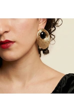 Oval Çizgili Vintage Statement Küpe - 14K Gold Spiral Desenli Siyah Cam Taşlı Retro Kadın Küpe