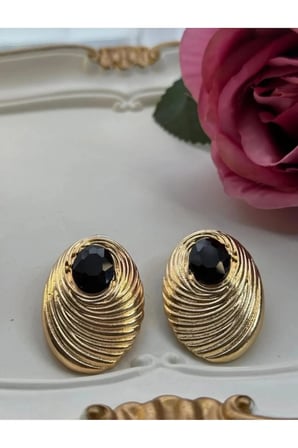 Oval Çizgili Vintage Statement Küpe - 14K Gold Spiral Desenli Siyah Cam Taşlı Retro Kadın Küpe