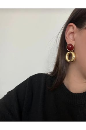 Taşlı Halka Sarkıt Vintage Küpe - 14K Gold Kalın Halkalı Bordo Cam Taşlı Retro Statement Küpe