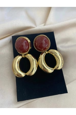 Taşlı Halka Sarkıt Vintage Küpe - 14K Gold Kalın Halkalı Bordo Cam Taşlı Retro Statement Küpe