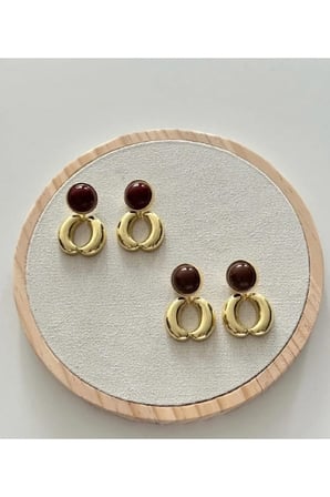Taşlı Halka Sarkıt Vintage Küpe - 14K Gold Kalın Halkalı Bordo Cam Taşlı Retro Statement Küpe