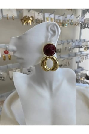 Taşlı Halka Sarkıt Vintage Küpe - 14K Gold Kalın Halkalı Bordo Cam Taşlı Retro Statement Küpe