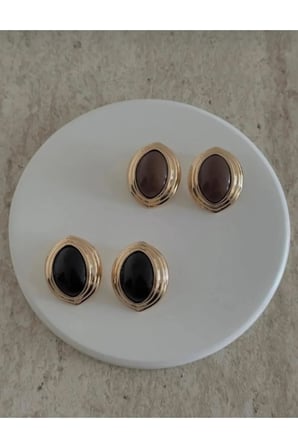 İri Oval Vintage Statement Küpe - 14K Gold Oluklu Çerçeveli Kaplan Gözü Kahverengi Cam Taşlı Küpe