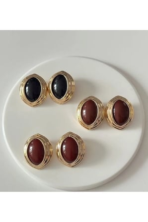 İri Oval Vintage Statement Küpe - 14K Gold Oluklu Çerçeveli Kaplan Gözü Kahverengi Cam Taşlı Küpe