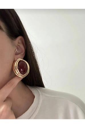 Oval Vintage Statement Küpe - 14K Gold Katmanlı Çerçeveli Bordo Cam Taşlı Retro Kadın Davet Küpesi