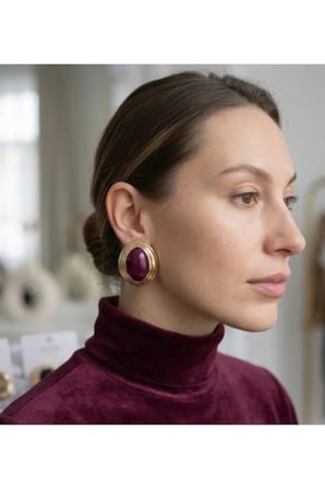 Oval Vintage Statement Küpe - 14K Gold Katmanlı Çerçeveli Bordo Cam Taşlı Retro Kadın Davet Küpesi