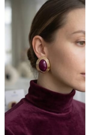 Oval Vintage Statement Küpe - 14K Gold Katmanlı Çerçeveli Bordo Cam Taşlı Retro Kadın Davet Küpesi