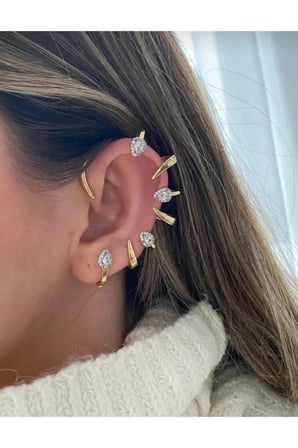 Damla Zirkon Taşlı Dikenli Kulak Tırmığı Ear Cuff Küpe - 14K Gold Modern Delik Gerektirmeyen Vintage Küpe