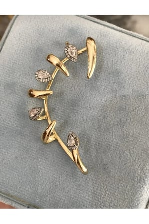 Damla Zirkon Taşlı Dikenli Kulak Tırmığı Ear Cuff Küpe - 14K Gold Modern Delik Gerektirmeyen Vintage Küpe