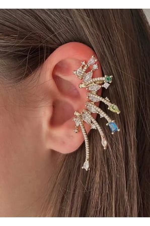 Renkli Taşlı Kulak Tırmığı Ear Cuff Küpe - 14K Gold Zirkon Taşlı Yelpaze Vintage Statement Kadın Küpe