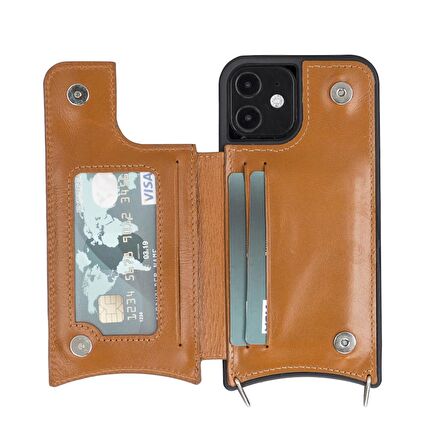 Apple iPhone 12 Pro Uyumlu Deri Askılı Kılıf UFW RST2EF Taba