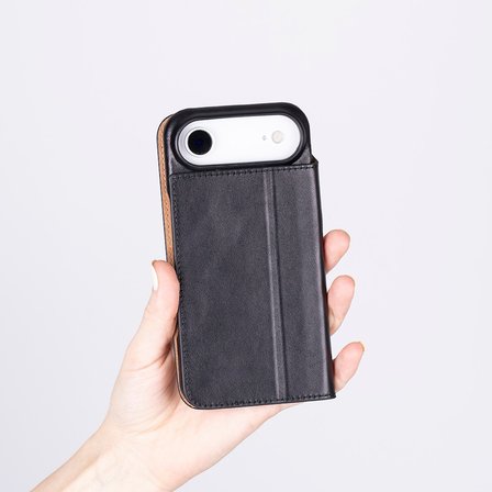 Apple iPhone 17 için, Hakiki Deri, El Yapımı, Cüzdanlı Slim Kılıf, Mag safe ile uyumlu, İç Yüzeyi Kadife, Siyah