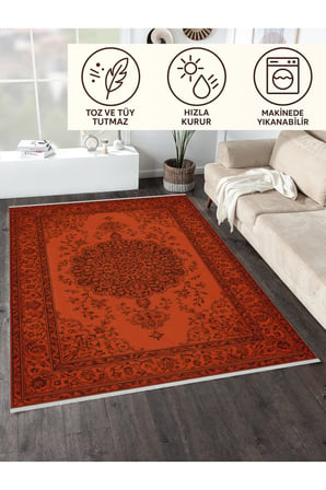 Kiremit Renkli Klasik Halı – Modern & Zamansız Desen | Kaymaz, Yıkanabilir, Evcil ve Bebek Dostu