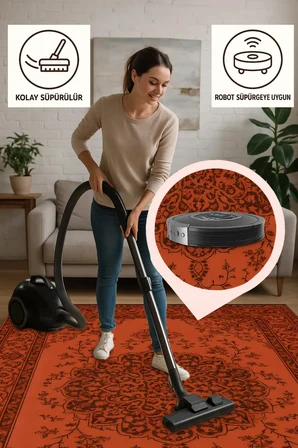 Kiremit Renkli Klasik Halı – Modern & Zamansız Desen | Kaymaz, Yıkanabilir, Evcil ve Bebek Dostu