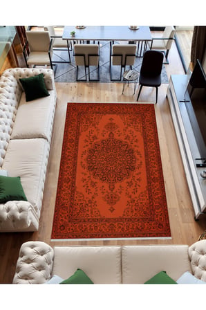 Kiremit Renkli Klasik Halı – Modern & Zamansız Desen | Kaymaz, Yıkanabilir, Evcil ve Bebek Dostu